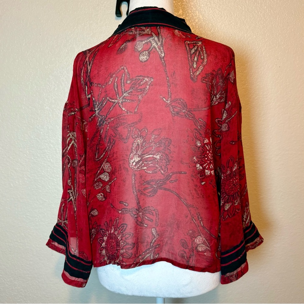 Chico’s Sheer Silk Shrunken Kimono Top Jacket Shacket Red Black Size Medium - Picture 7 of 14